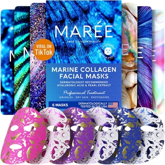 Facial Masks with Marine Collagen & Hyaluronic Acid - Sheet Moisturizing Masks for Face with Green & Red Algae Extract for All Skin Types - Hydrating Skin Care Mask with Pearl Extract - 6 Pack