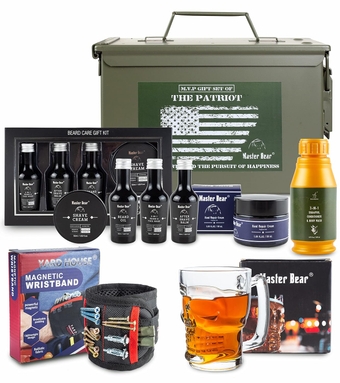 Gift for Men | 50 Cal Metal Ammo Cans Gift Box Shaving Grooming Set Collection for Him | Fathers Day Holiday Christmas Gift Ideas with Glass Skull Beer Mug, Magnetic Wristband, Hand Cream, Body Wash