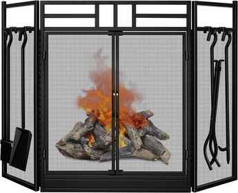Amagabeli Garden Home 3 Panel Folding Fireplace Screen with Doors Large Flat Guard Tools Outdoor Metal Decorative Mesh Solid Wrought Iron Fire Place Wood Burning Stove Accessories Black
