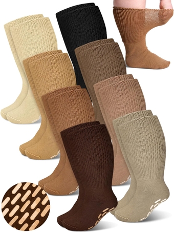 8 Pairs Wide Non Slip Socks Swollen 30" Lymphedema Edema Socks Calf Cast Bariatric Anti Slip Socks Neuropathy Socks Non Binding Socks Loose Fit Hospital Socks Men Women(Brown Serials, 9-11)