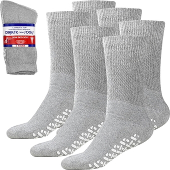 Loose Non-Binding Fit Sock - Non-Slip Diabetic Socks for Men and Women - Crew, Ankle 3Pk (Crew Grey with Grips, Sock Size 13-15/ Fits Men's Shoe Size 9-13.5)