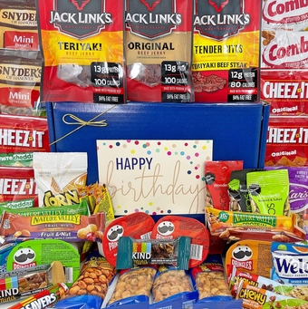 Birthday Snack Pack  Box Basket - Bundle of 44 Great s - 8 Jerky, 9 Nuts / Trail Mix, 8 Bars, 13 Crunchy Salty Snacks, 6 Sweet Treats - Send Your Happy Birthday Wishes Today - Great for Dad, Husband, Coworker, Neighbor, Friend, Grandpa, Cousin, Uncle, Brother, Son, Boss, Student - PRIME - Over 4 Lbs!