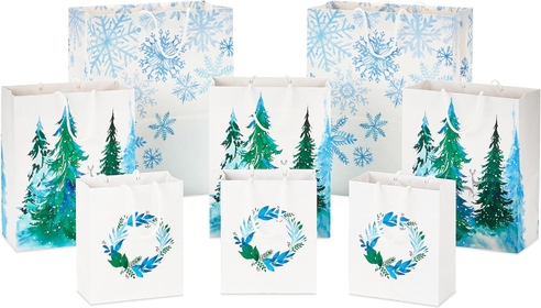 Gift Bags (8 Bags: 3 Small 6", 3 Medium 9", 2 Large 13") Recyclable White with Wreaths, Snowflakes and Trees for Winter Weddings, Birthdays